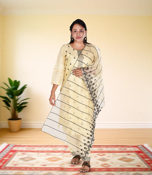 Cream Yellow Full Sequence Work Kurta with Dupatta Set