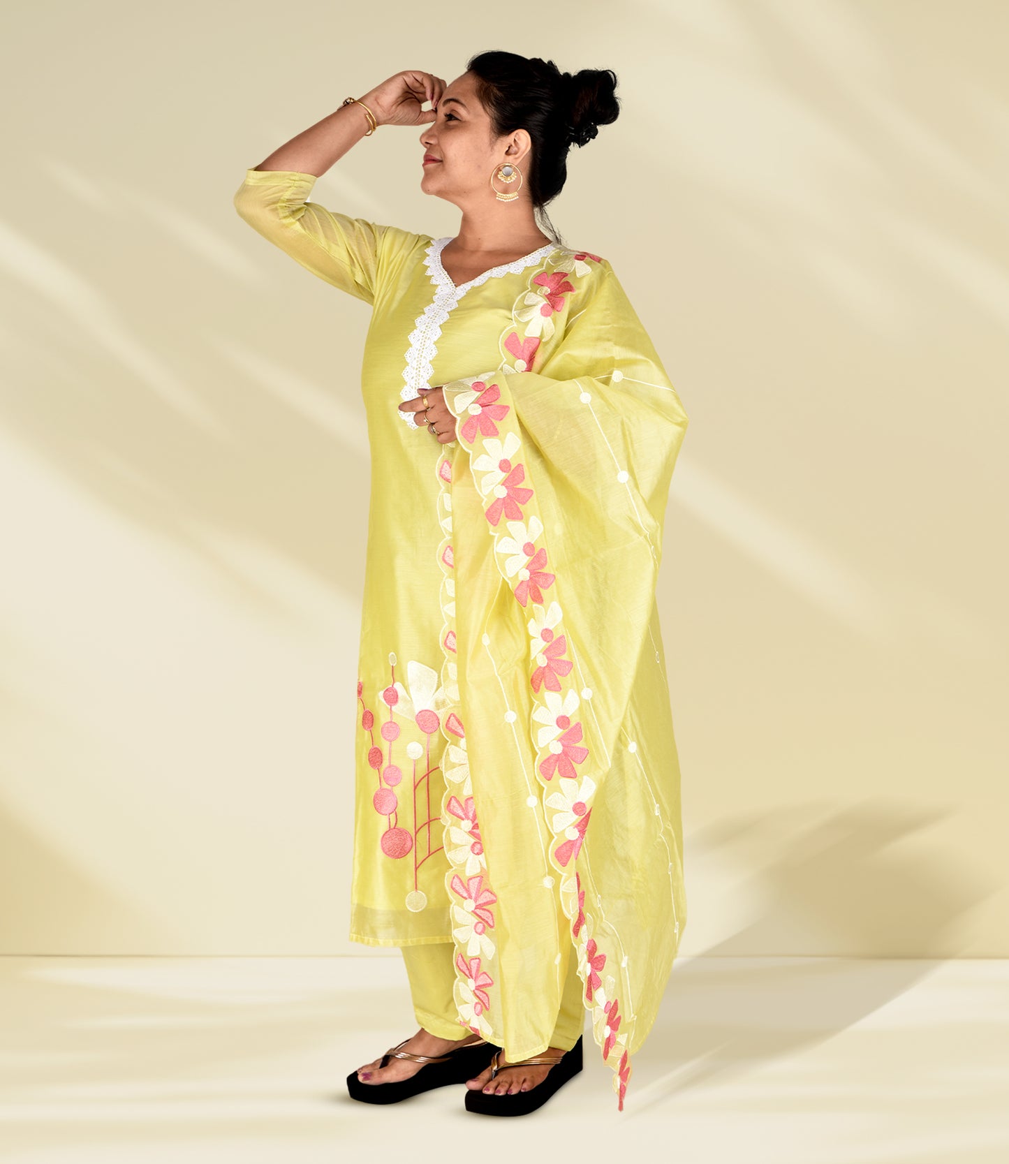 Yellow Embriodered Kurta with Trousers and Dupatta