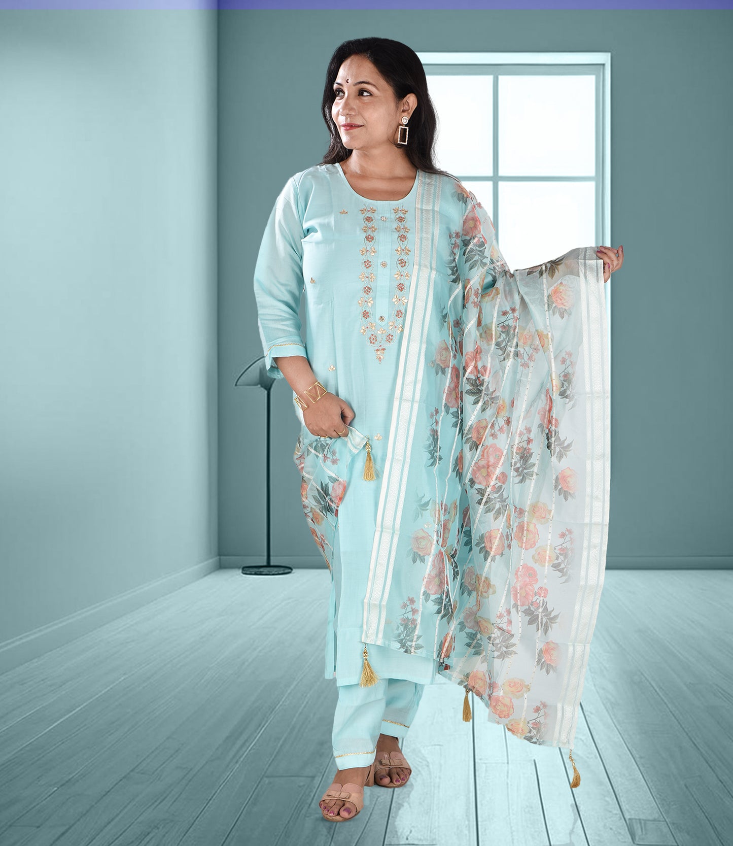 Blue Embroidery Kurta with Trousers and Dupatta