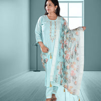 Blue Embroidery Kurta with Trousers and Dupatta