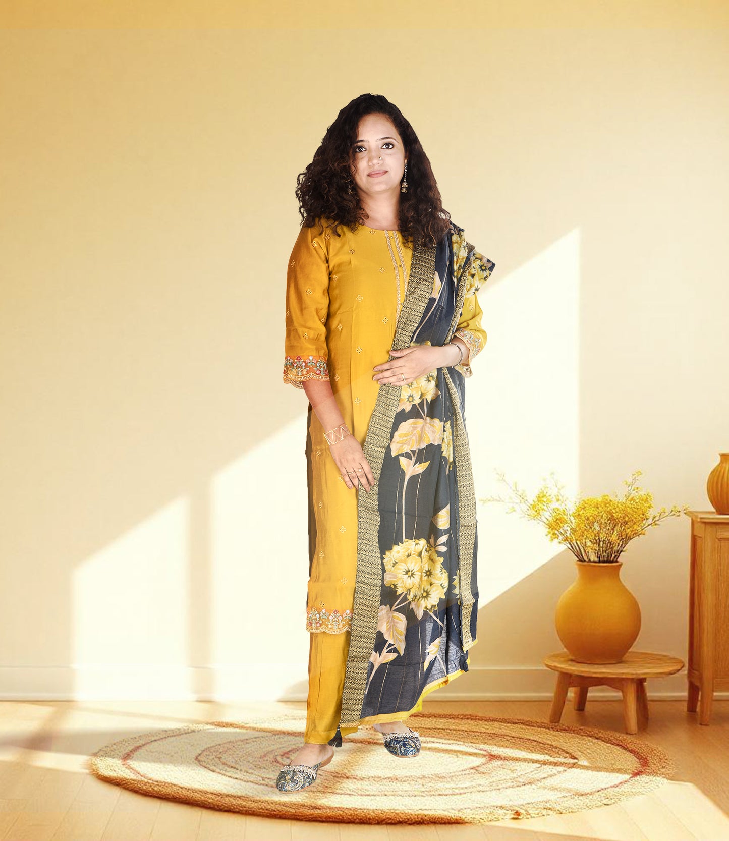 Yellow Embroidery with Sequence Work Kurta, Pants with Dupatta Set