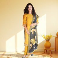 Yellow Embroidery with Sequence Work Kurta, Pants with Dupatta Set