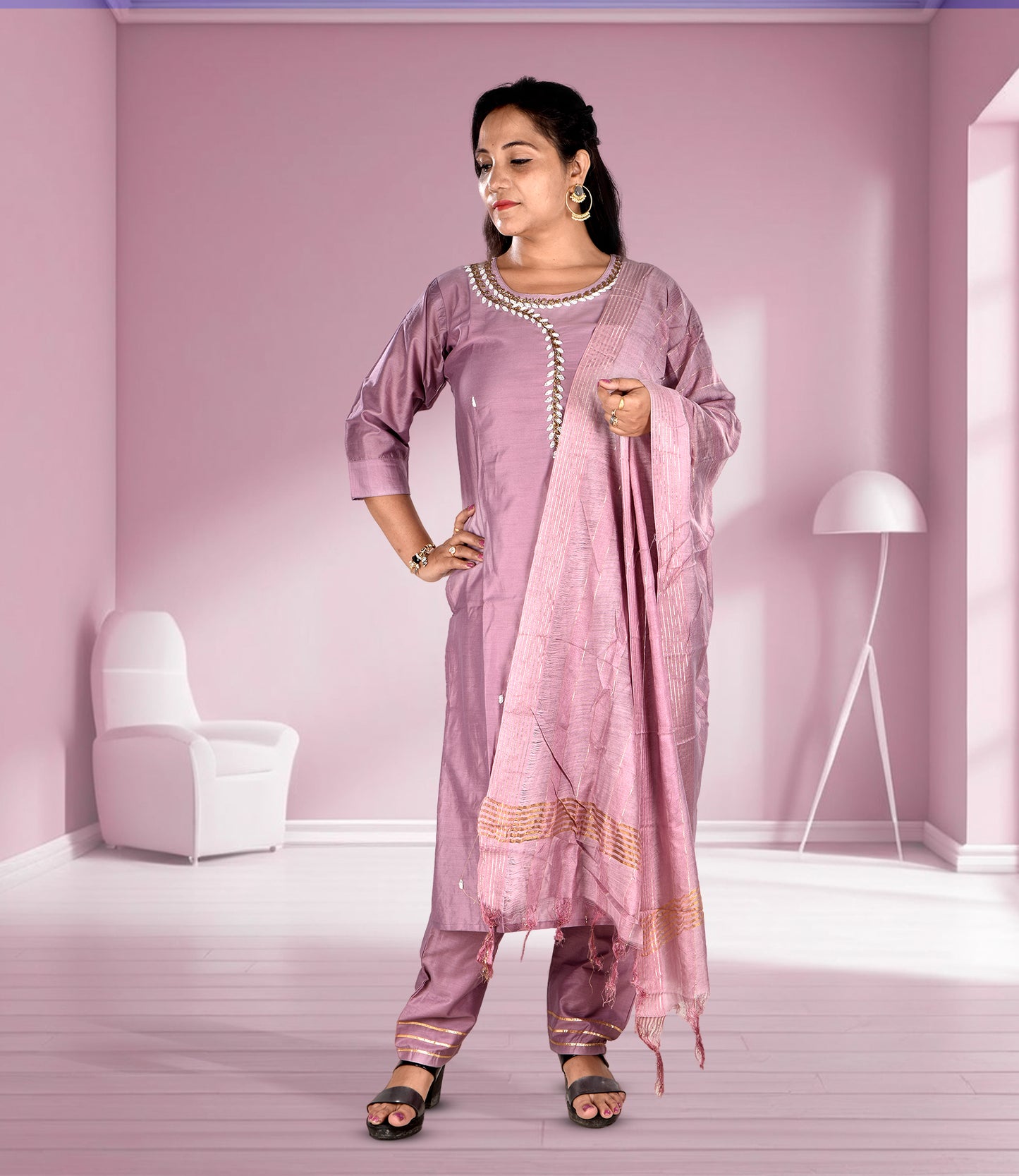 Purple Sequence Kurta with Trousers and Dupatta