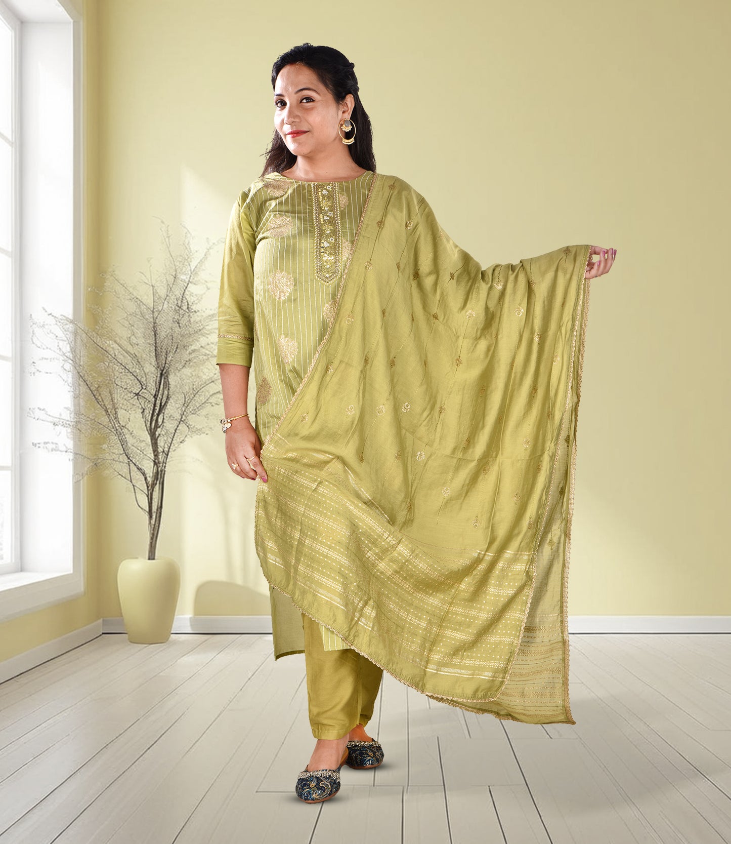 Green Embroidery Work Kurta, Trousers, and Dupatta Set