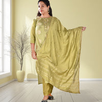 Green Embroidery Work Kurta, Trousers, and Dupatta Set