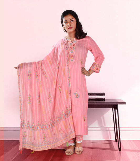 Rose Pink Embroidered Kurta with Trousers and Dupatta