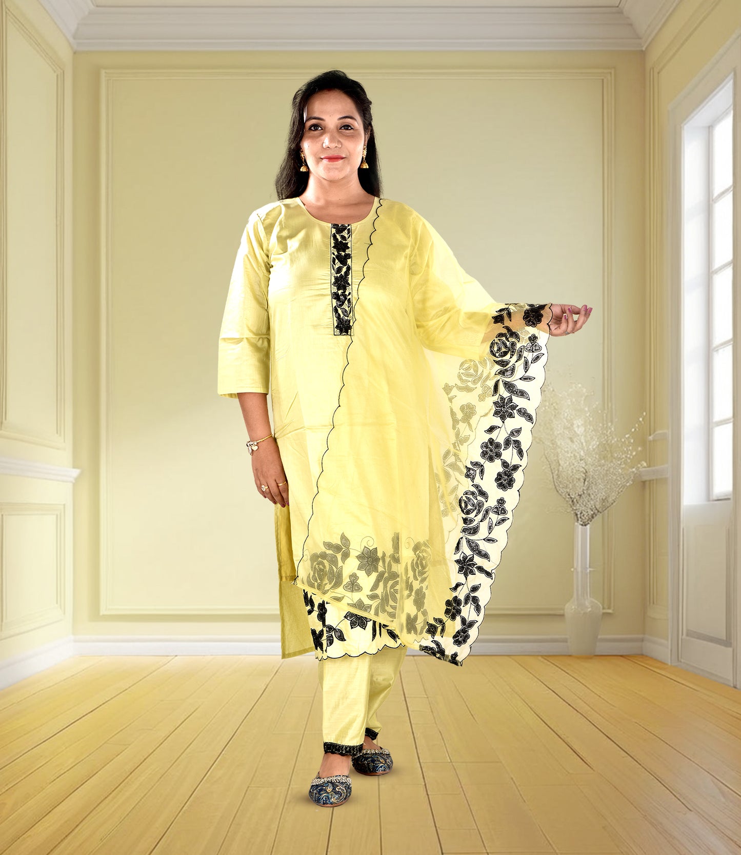 Yellow Full Sequence Work Kurta with Dupatta Set