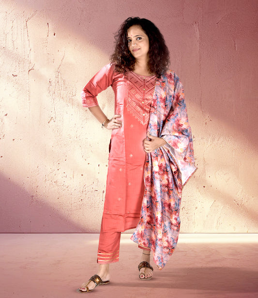 Red Rust Embroidery Kurta with Trousers and Dupatta