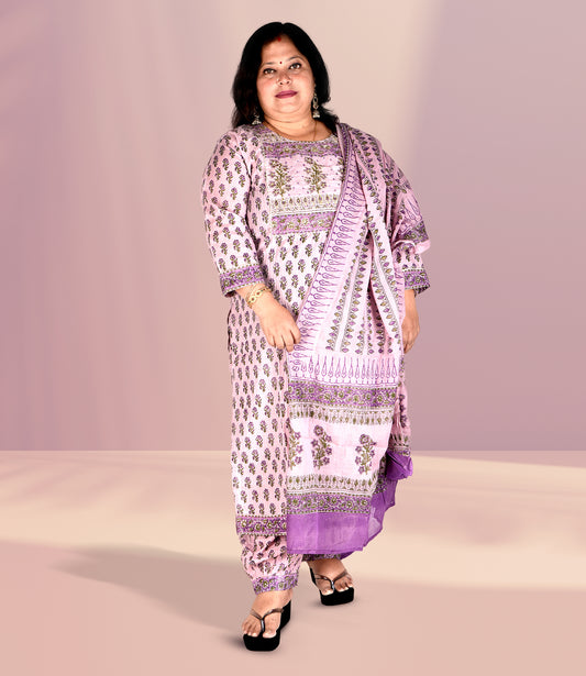 Purple Cotton Self Embroidery Kurta with Trousers and Dupatta