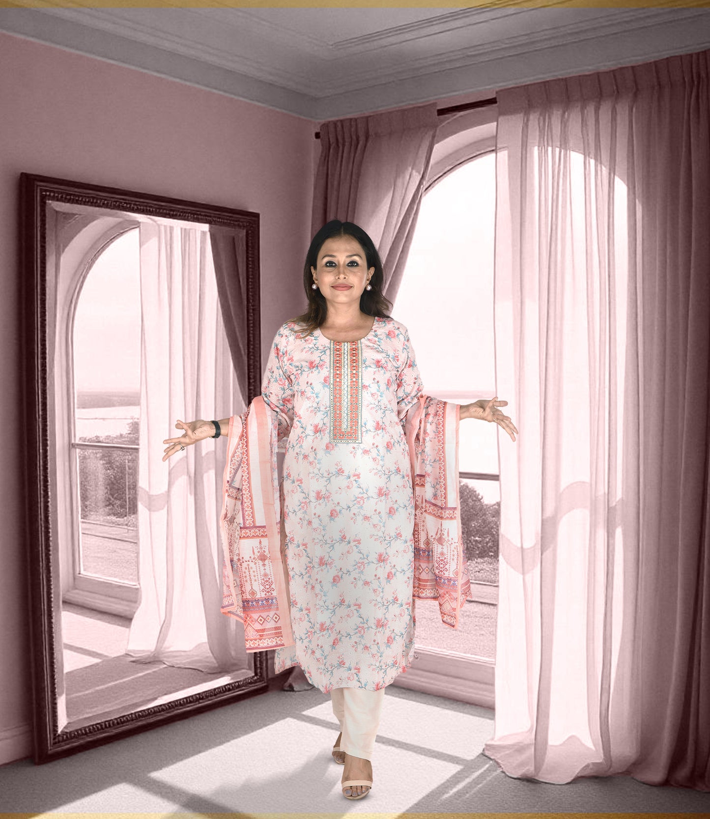 Pink Embroidered Kurta with Trousers and Dupatta