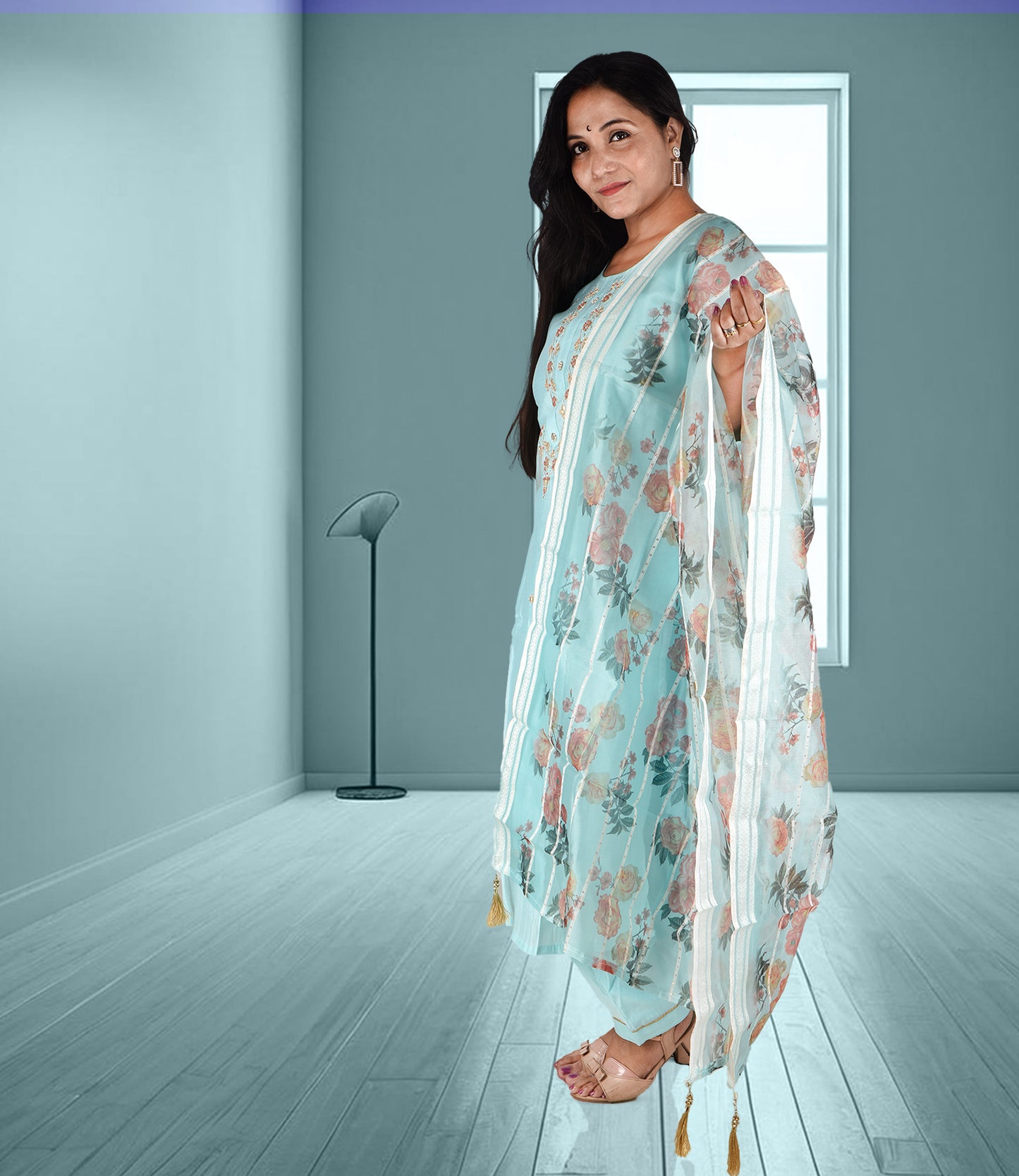 Blue Embroidery Kurta with Trousers and Dupatta