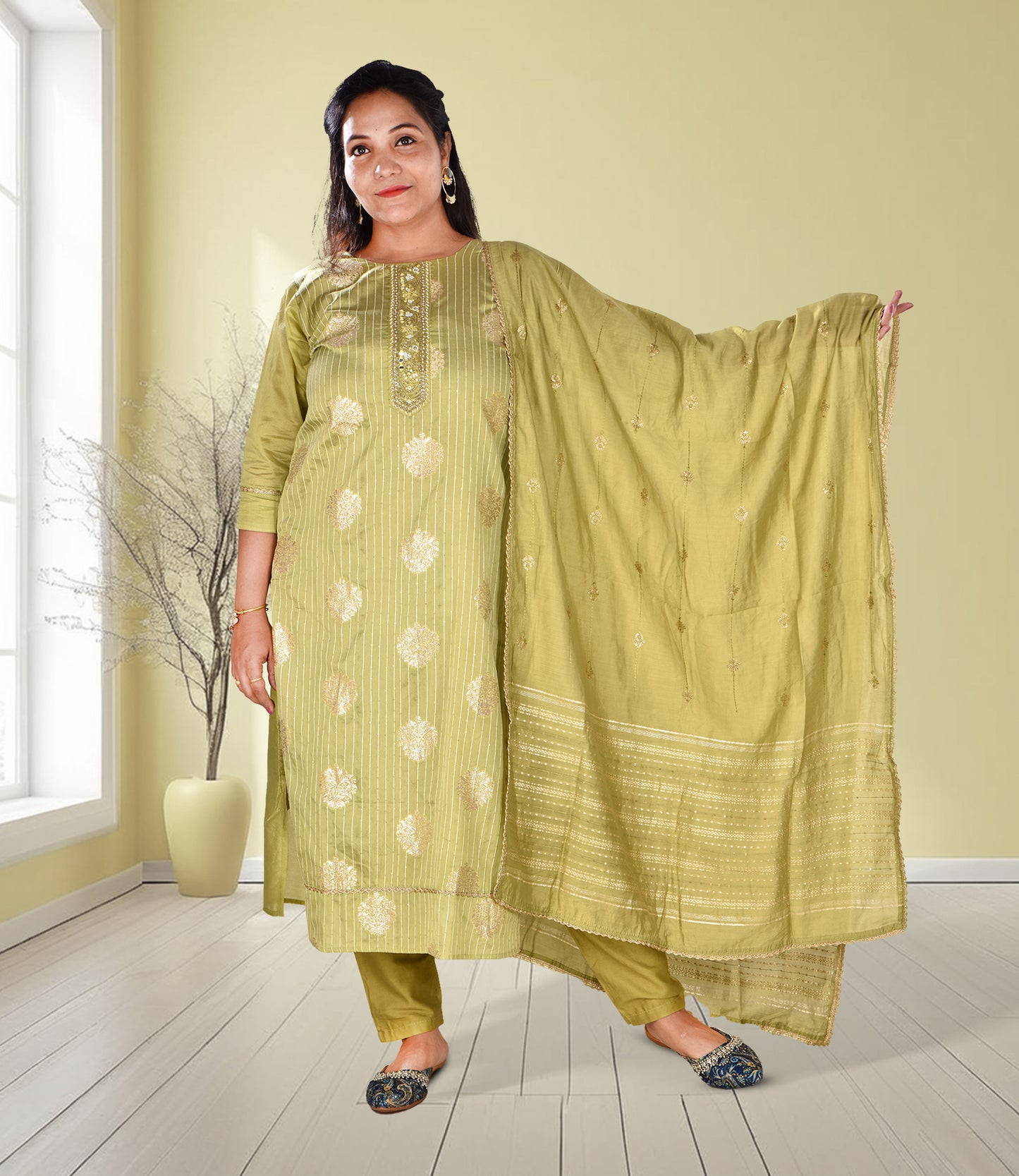 Green Embroidery Work Kurta, Trousers, and Dupatta Set