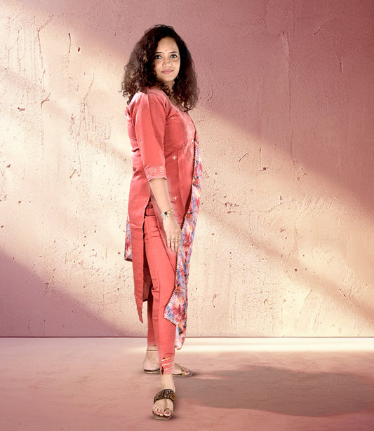 Red Rust Embroidery Kurta with Trousers and Dupatta