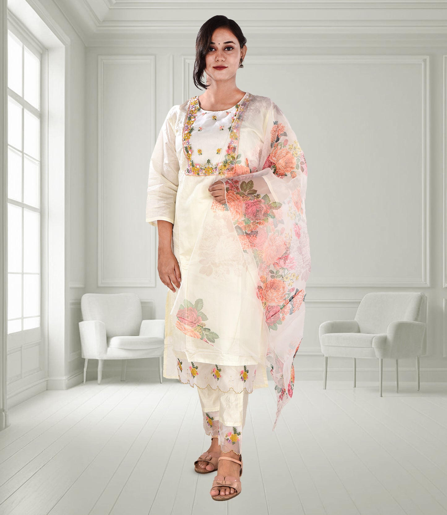 Cream Multi-Colored Floral Print Kurta Set