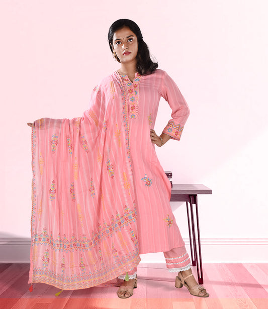 Rose Pink Embroidered Kurta with Trousers and Dupatta