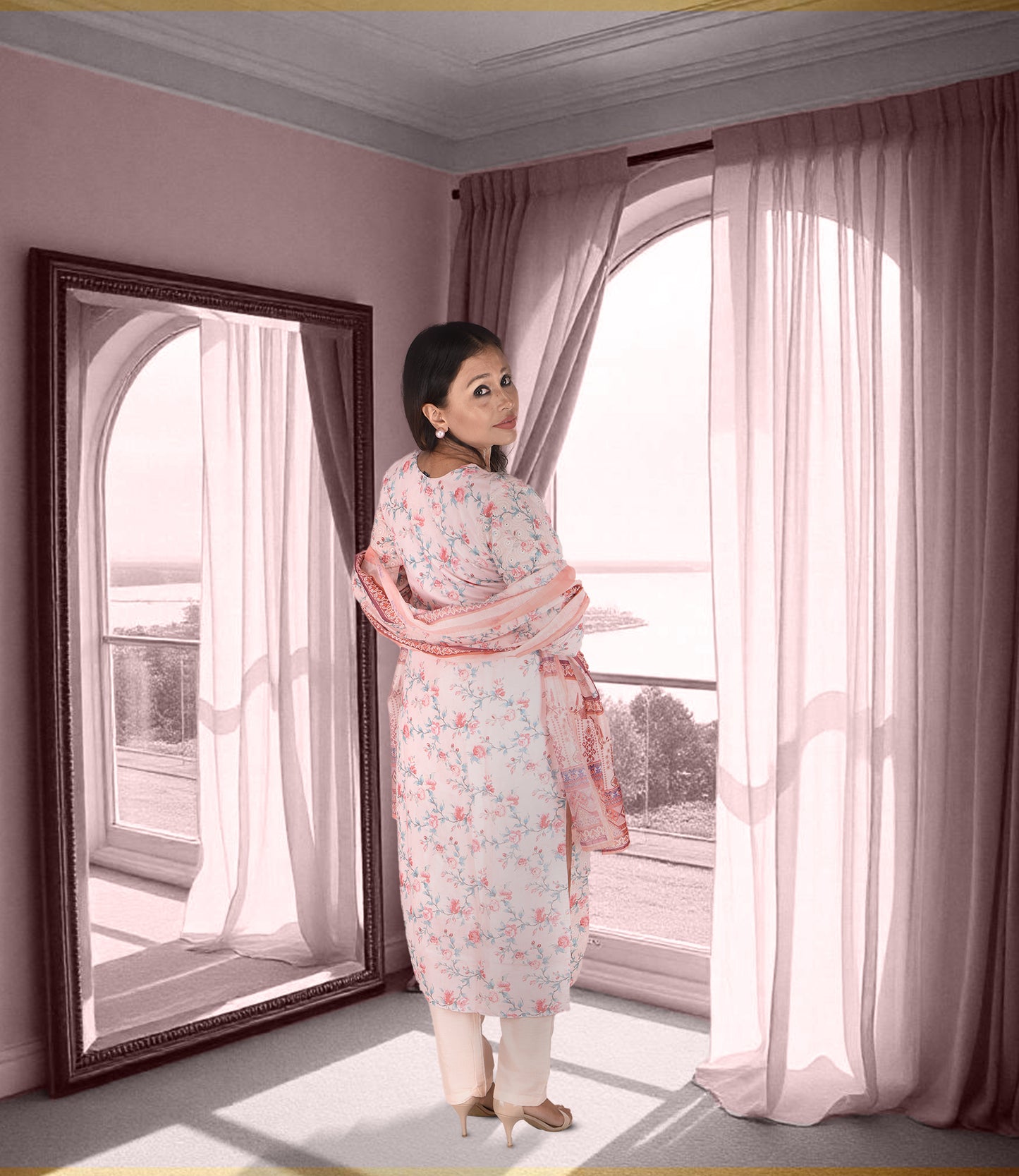 Pink Embroidered Kurta with Trousers and Dupatta