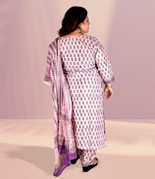 Purple Cotton Self Embroidery Kurta with Trousers and Dupatta