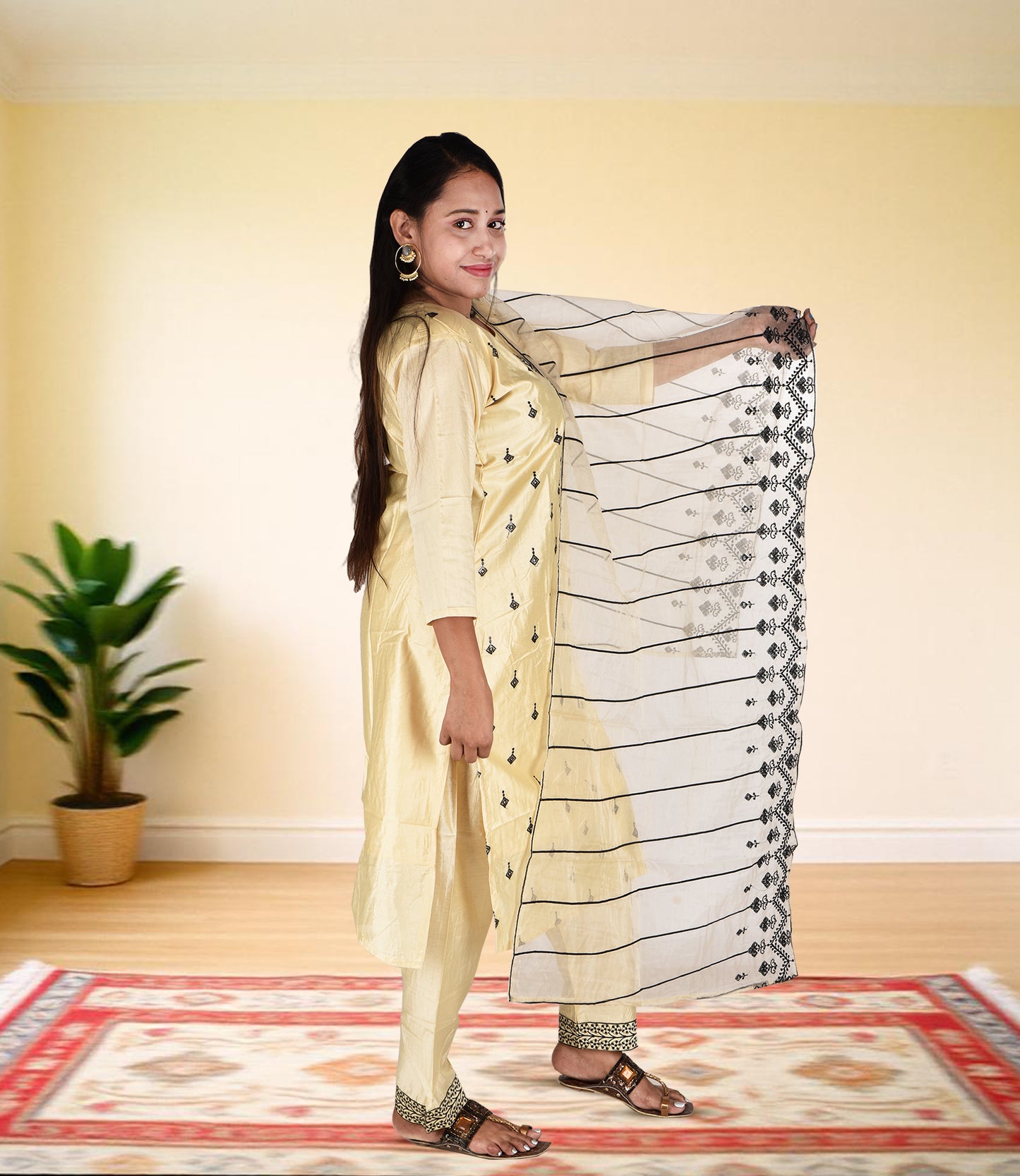 Cream Yellow Full Sequence Work Kurta with Dupatta Set