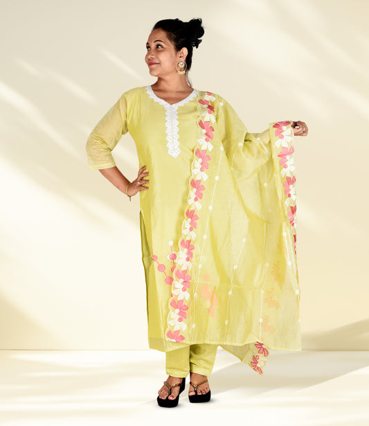 Yellow Embriodered Kurta with Trousers and Dupatta