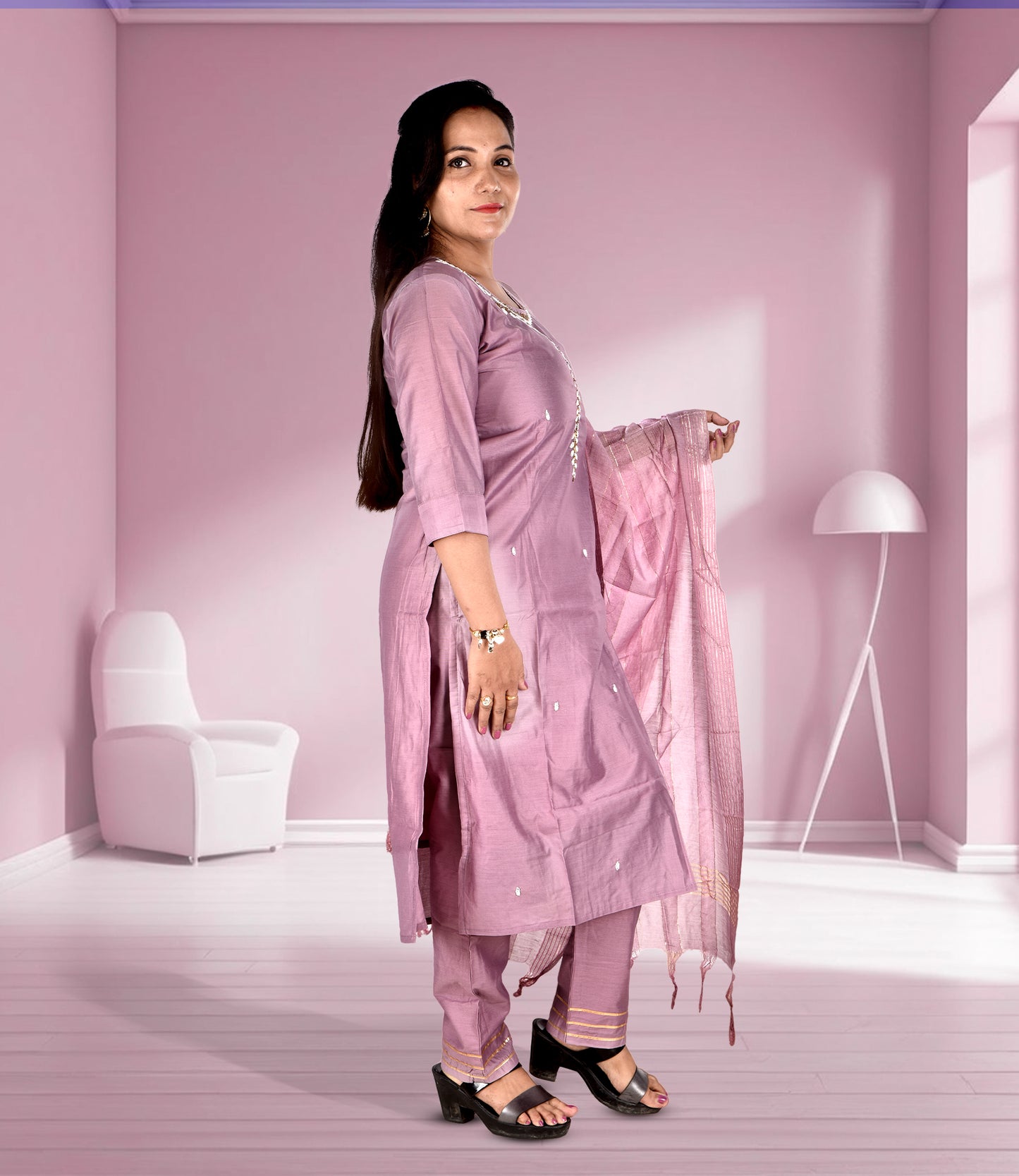 Purple Sequence Kurta with Trousers and Dupatta