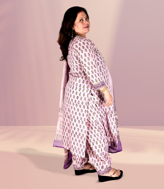 Purple Cotton Self Embroidery Kurta with Trousers and Dupatta