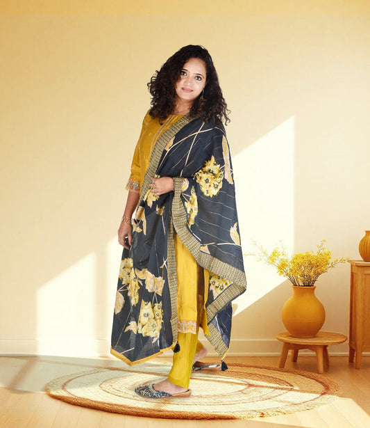 Yellow Embroidery with Sequence Work Kurta, Pants with Dupatta Set