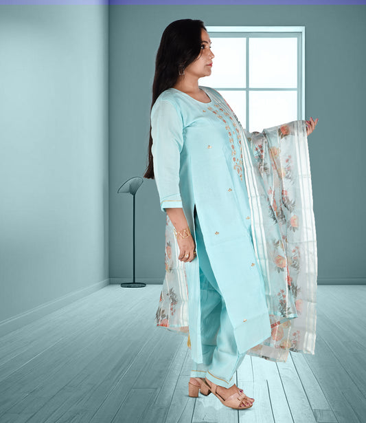 Blue Embroidery Kurta with Trousers and Dupatta