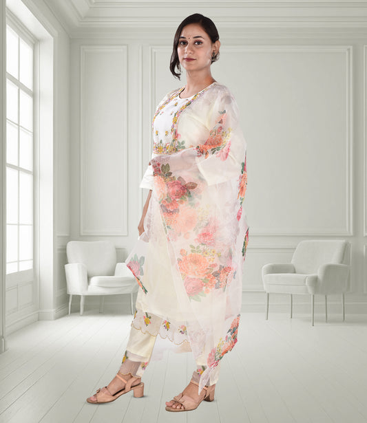 Cream Multi-Colored Floral Print Kurta Set