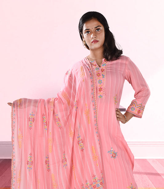 Rose Pink Embroidered Kurta with Trousers and Dupatta