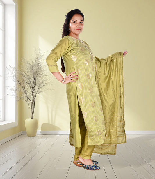 Green Embroidery Work Kurta, Trousers, and Dupatta Set