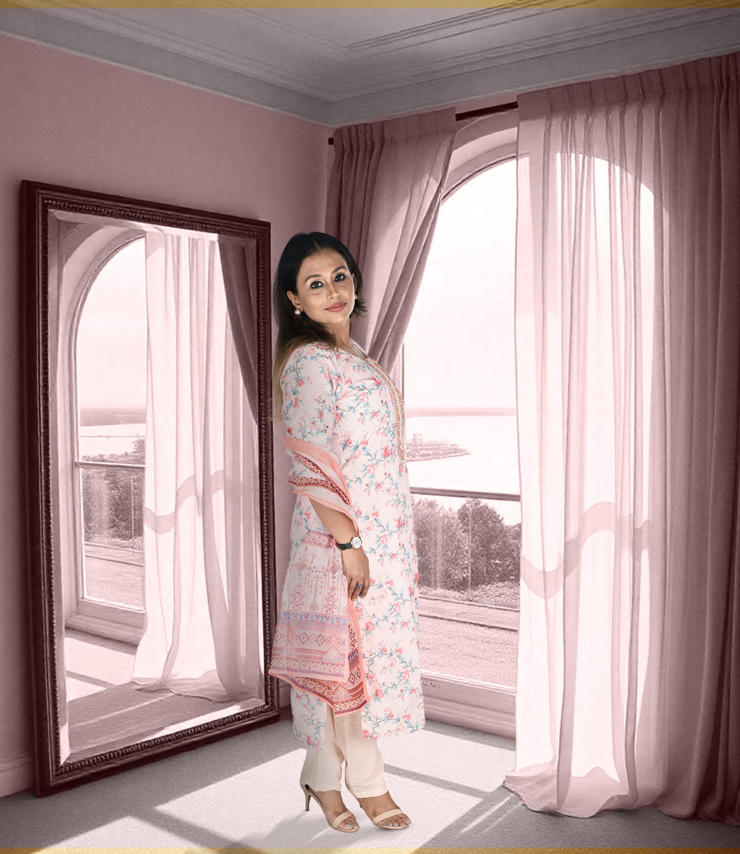 Pink Embroidered Kurta with Trousers and Dupatta