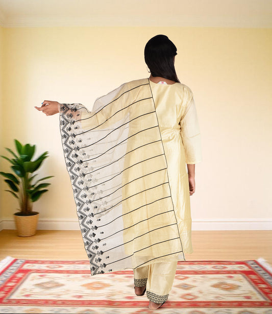 Cream Yellow Full Sequence Work Kurta with Dupatta Set