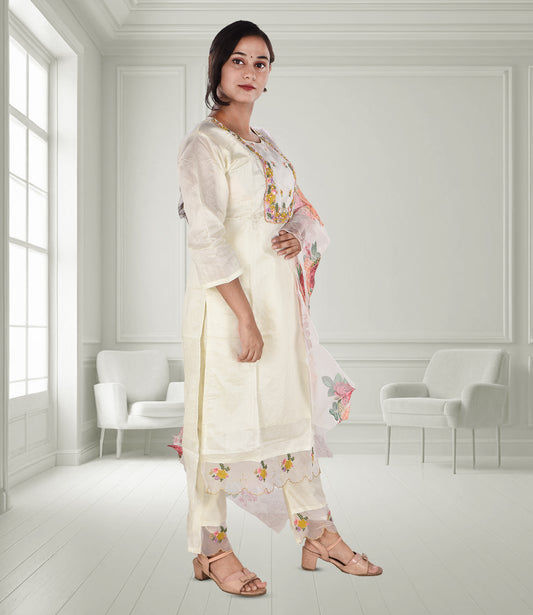 Cream Multi-Colored Floral Print Kurta Set