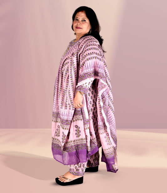 Purple Cotton Self Embroidery Kurta with Trousers and Dupatta