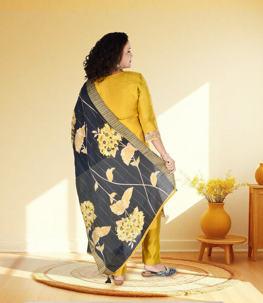 Yellow Embroidery with Sequence Work Kurta, Pants with Dupatta Set