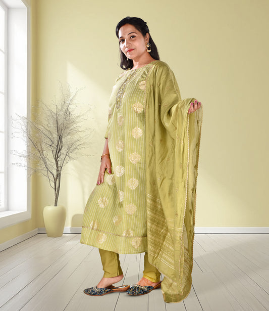 Green Embroidery Work Kurta, Trousers, and Dupatta Set