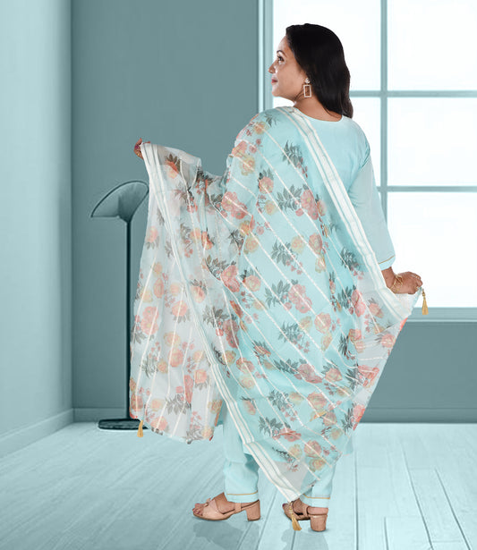 Blue Embroidery Kurta with Trousers and Dupatta