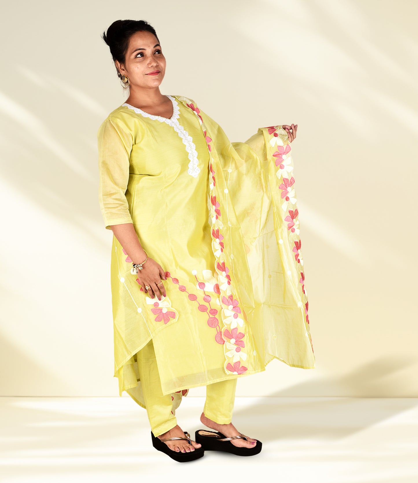 Yellow Embriodered Kurta with Trousers and Dupatta