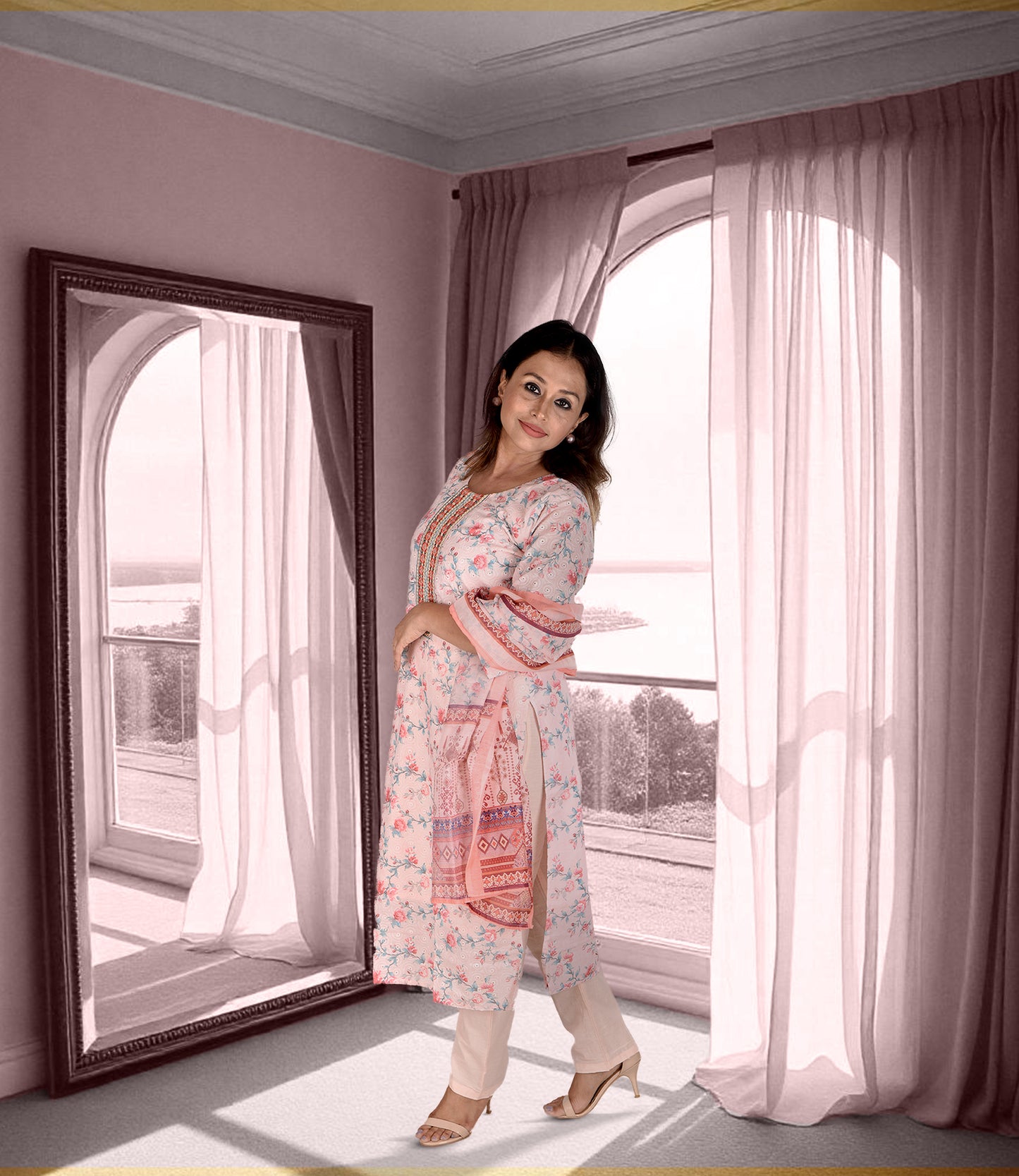 Pink Embroidered Kurta with Trousers and Dupatta