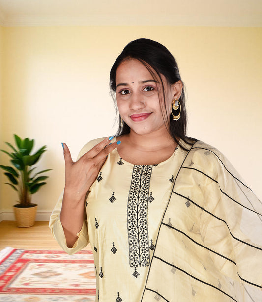 Cream Yellow Full Sequence Work Kurta with Dupatta Set