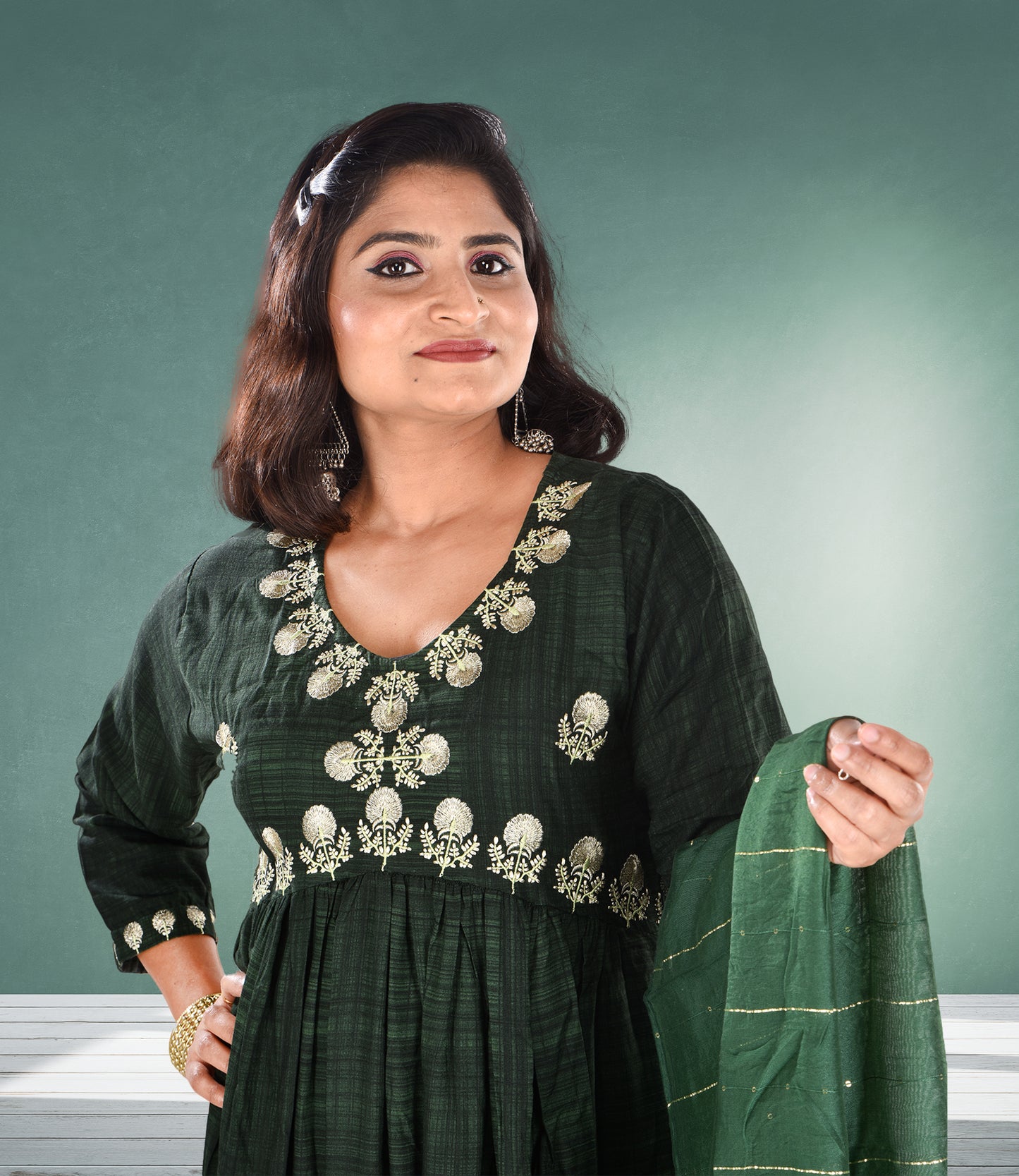 Green Ethnic Motifs Embroidered High Slit Threadwork Kurta with Trousers and Dupatta