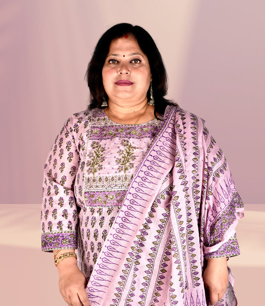 Purple Cotton Self Embroidery Kurta with Trousers and Dupatta