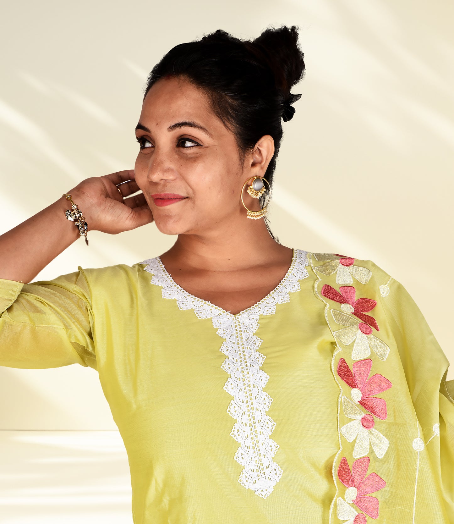 Yellow Embriodered Kurta with Trousers and Dupatta