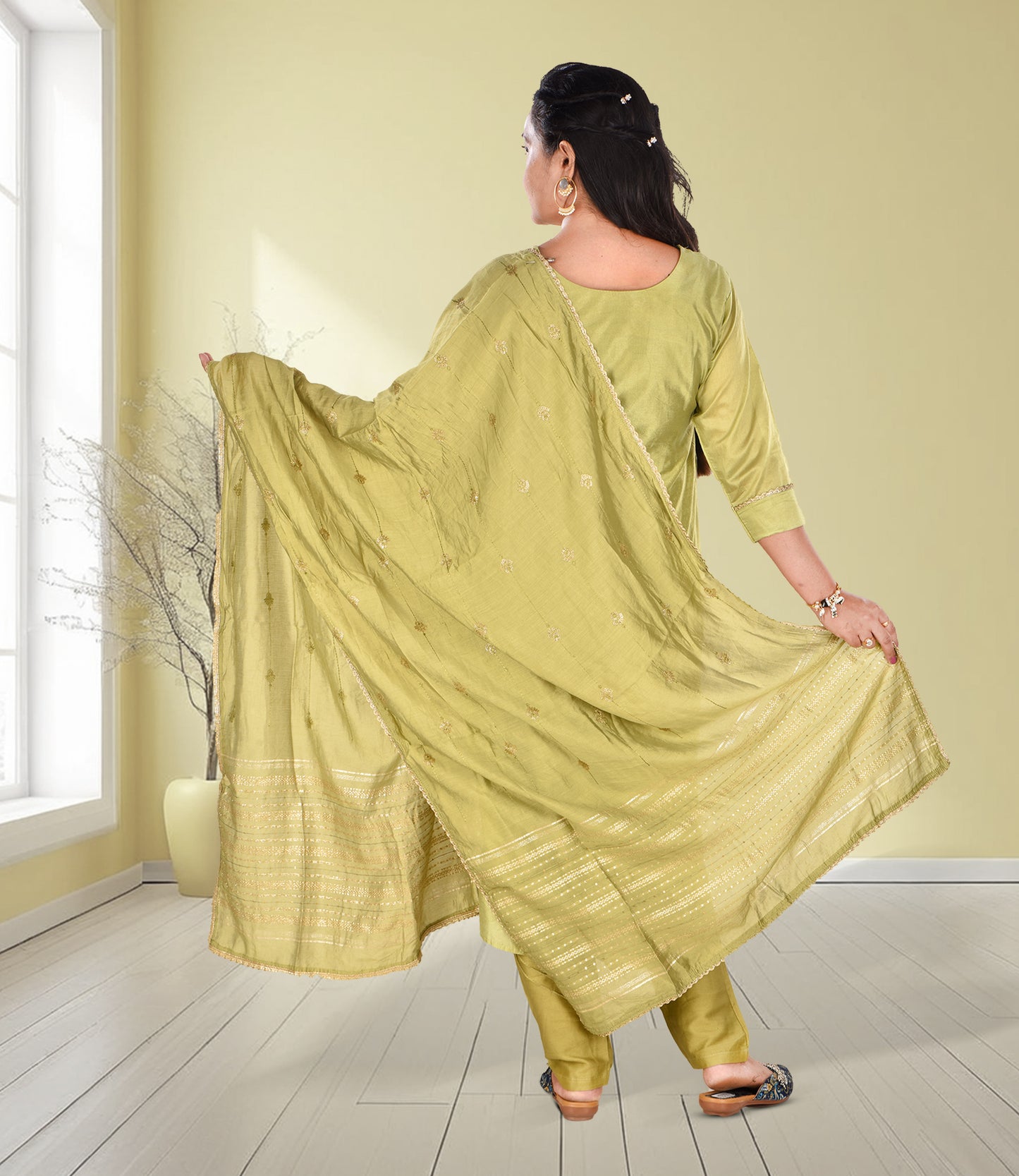 Green Embroidery Work Kurta, Trousers, and Dupatta Set