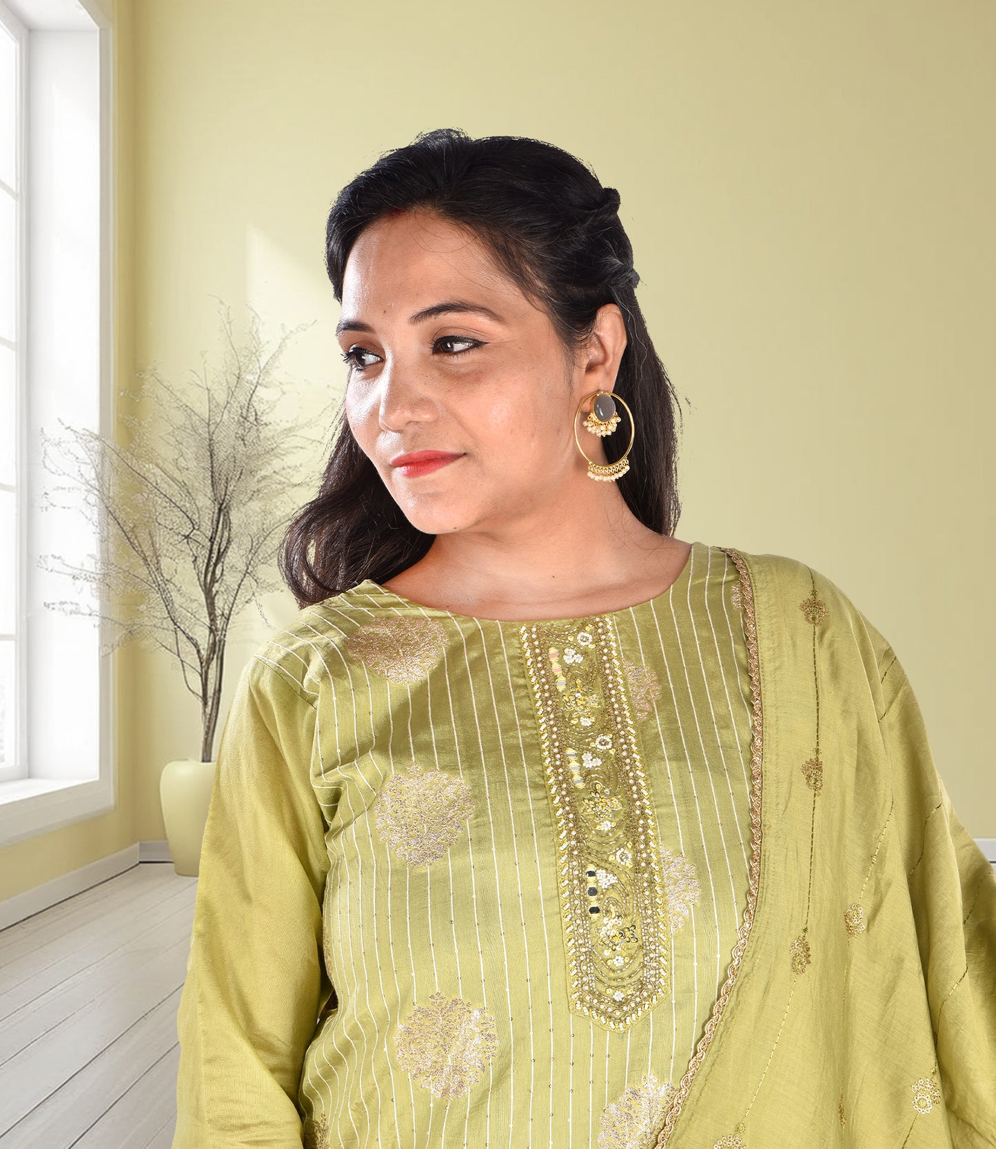 Green Embroidery Work Kurta, Trousers, and Dupatta Set