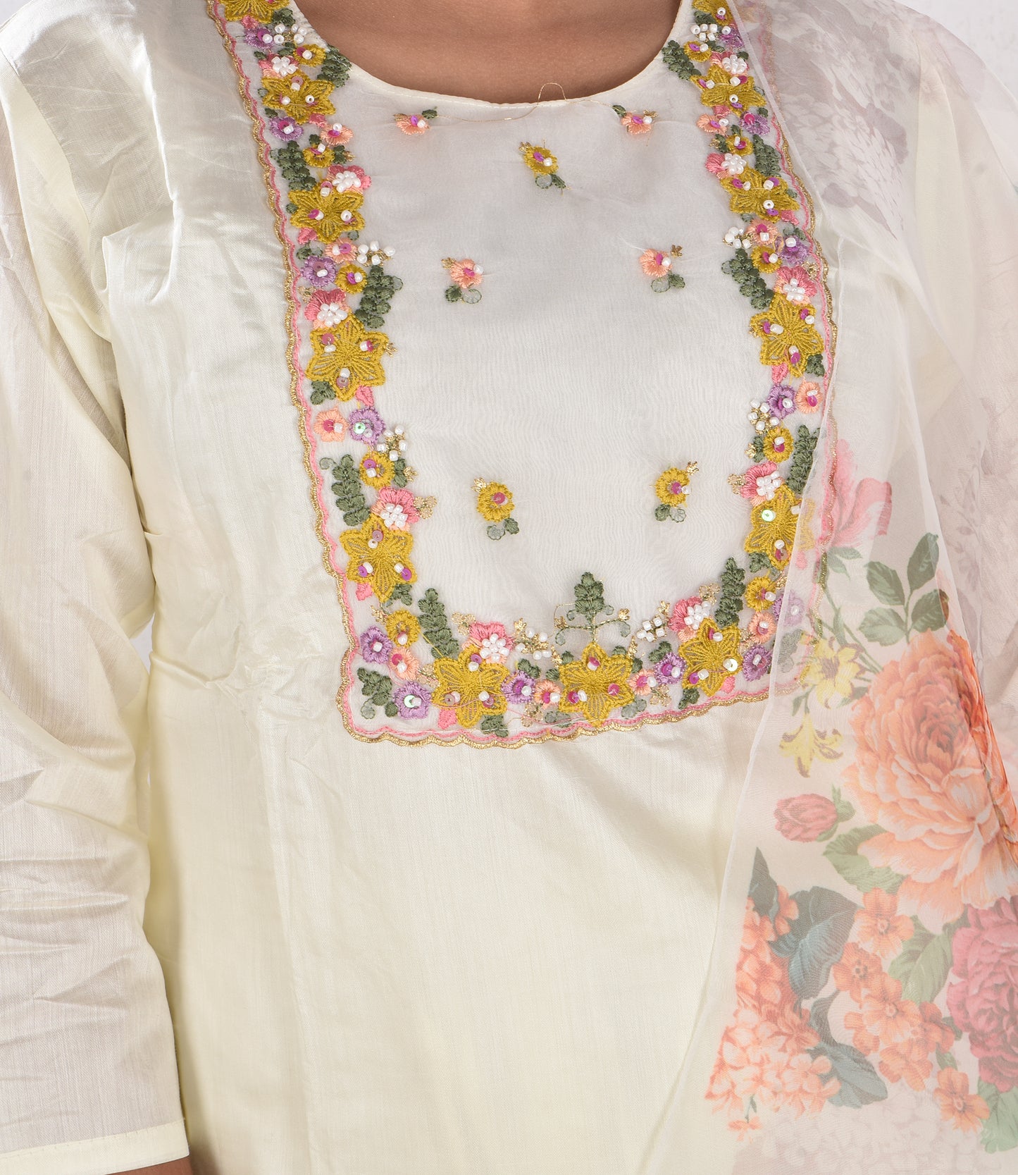 Cream Multi-Colored Floral Print Kurta Set