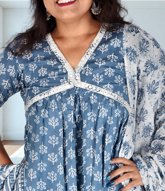 Blue Cotton Embroidered Mirror Work Flared Stitched Kurti Set with Dupatta