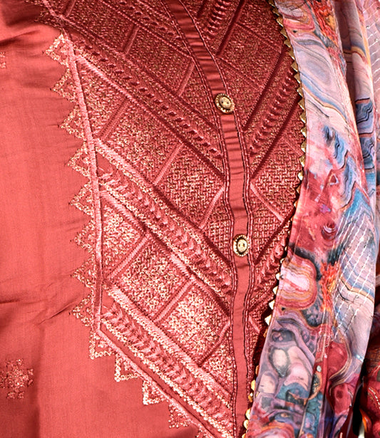 Red Rust Embroidery Kurta with Trousers and Dupatta