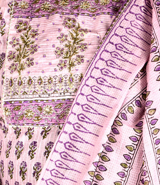 Purple Cotton Self Embroidery Kurta with Trousers and Dupatta