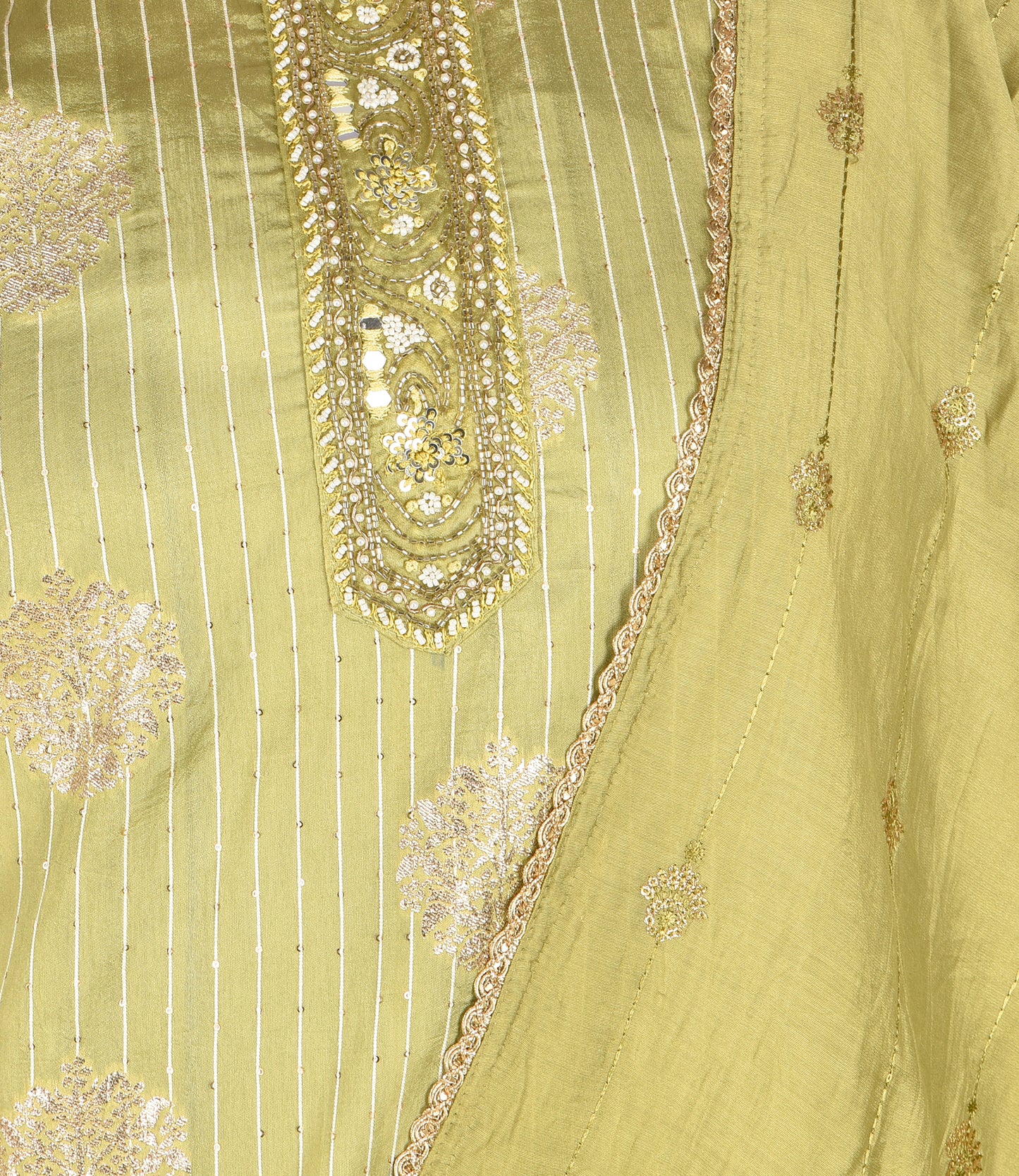 Green Embroidery Work Kurta, Trousers, and Dupatta Set